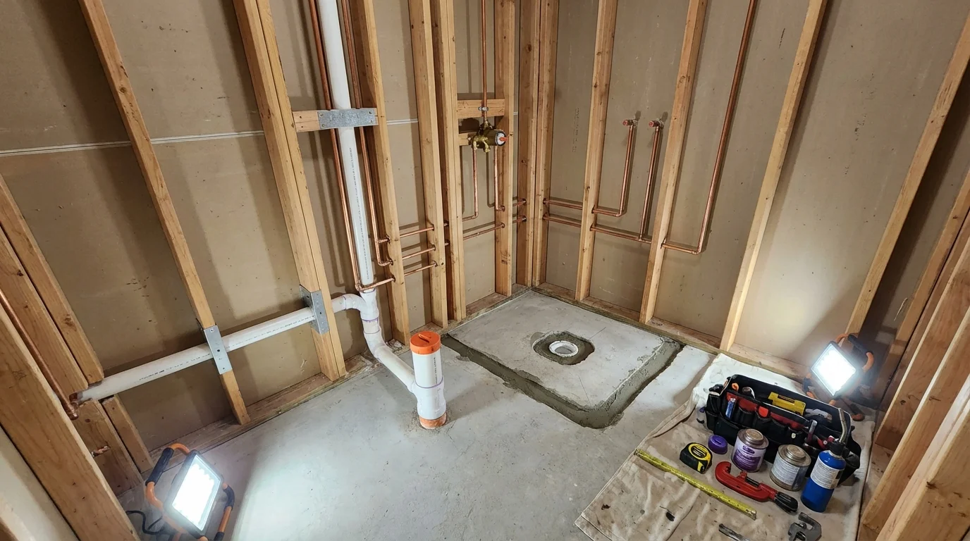 Bathroom rough-in plumbing during remodel by Johns Plumbing LLC in Elysburg