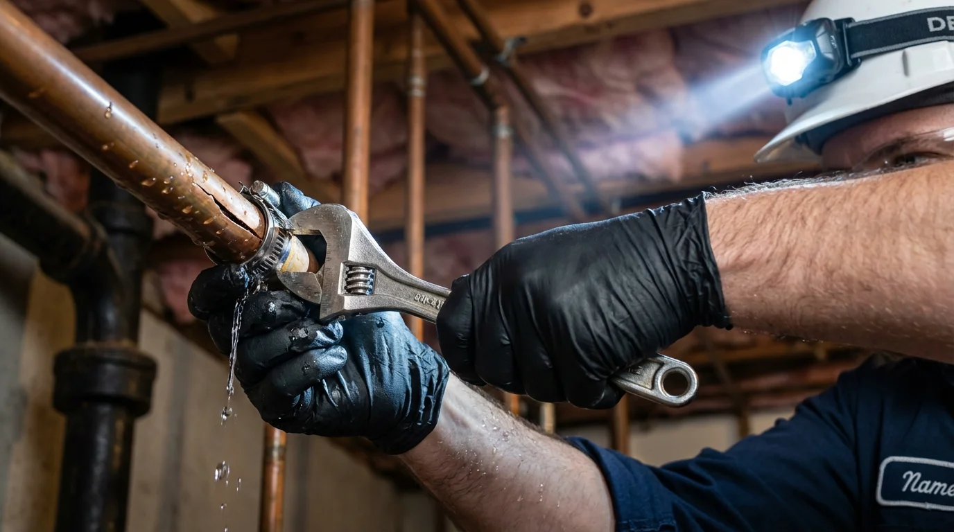 Emergency pipe clamp repair being performed by a Johns Plumbing LLC plumber in Elysburg