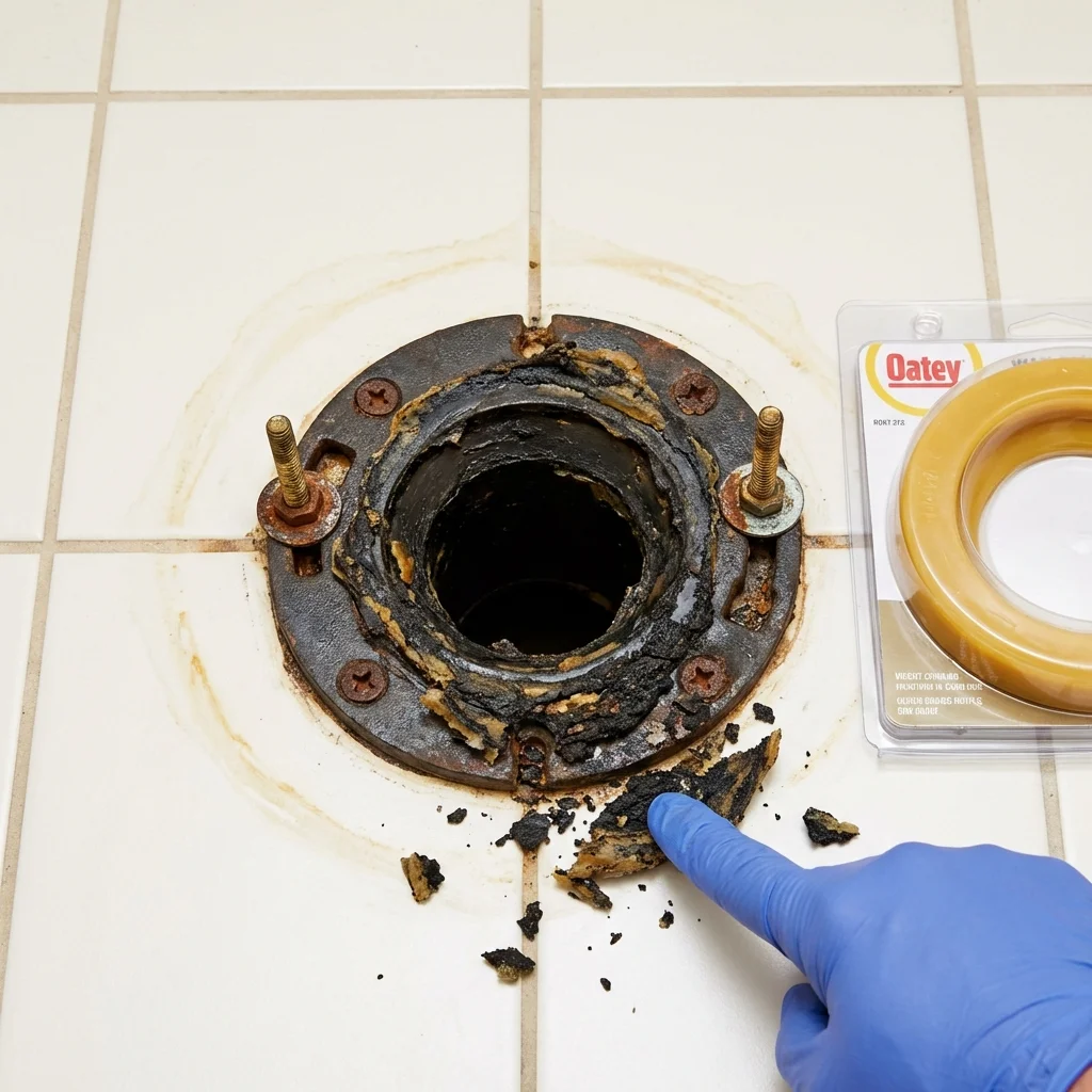 Failed wax ring showing water seepage at the base of a toilet in a Elysburg, PA home