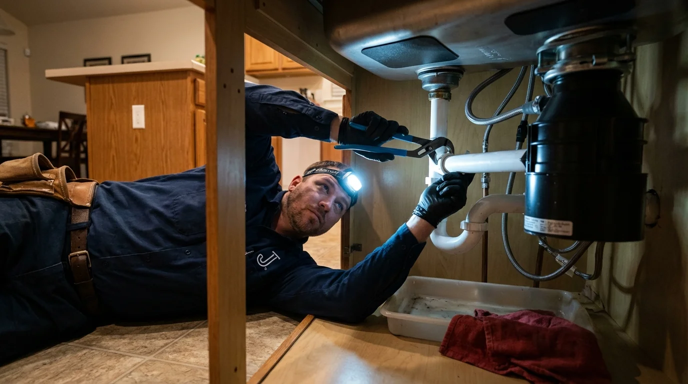 P-trap and supply line connections under a kitchen sink showing a common leak point in Elysburg, PA